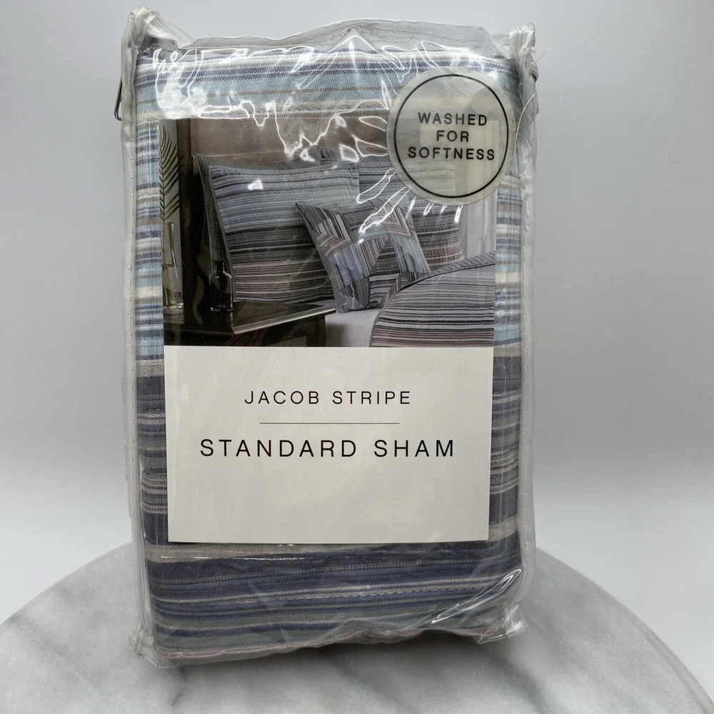 Jacob Stripe Standard Sham 20in x 26in Blue Teal Gray Brown Beige Cottage Cabin